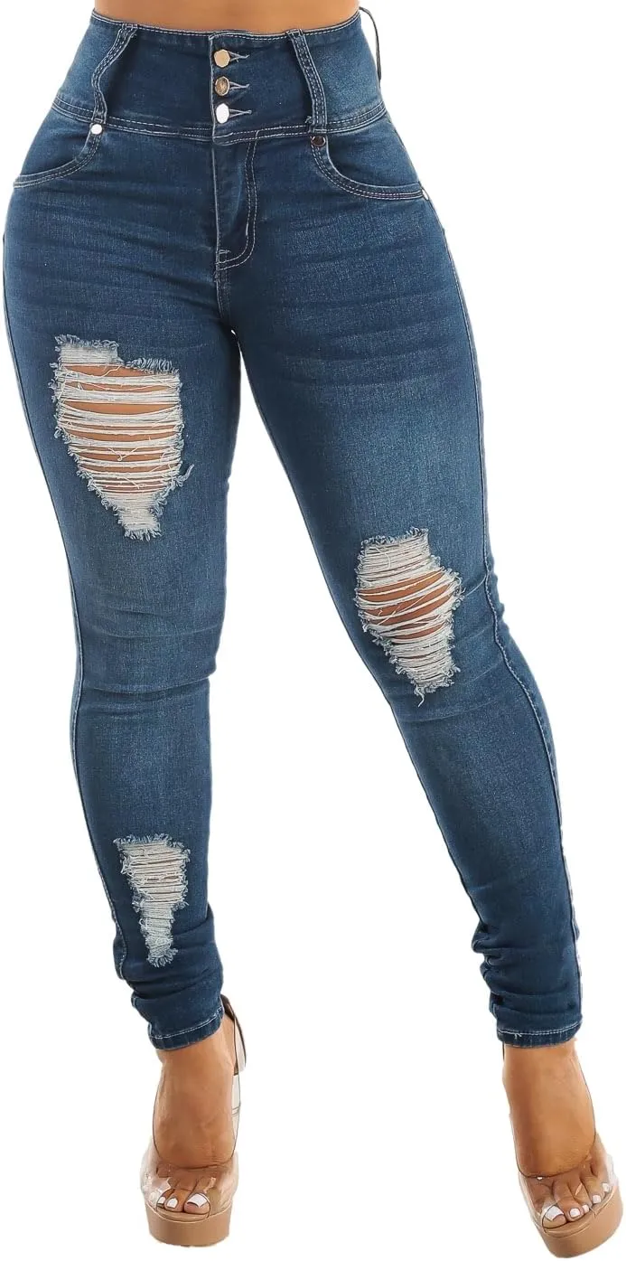 High Waisted Butt Lifting Skinny Jeans - Distressed Levanta Cola Stretchy Jeans