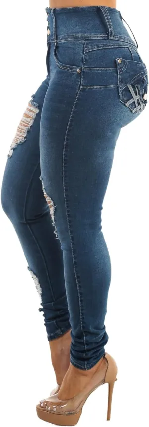 High Waisted Butt Lifting Skinny Jeans - Distressed Levanta Cola Stretchy Jeans