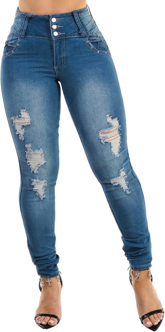 High Waisted Butt Lifting Skinny Jeans - Distressed Levanta Cola Stretchy Jeans