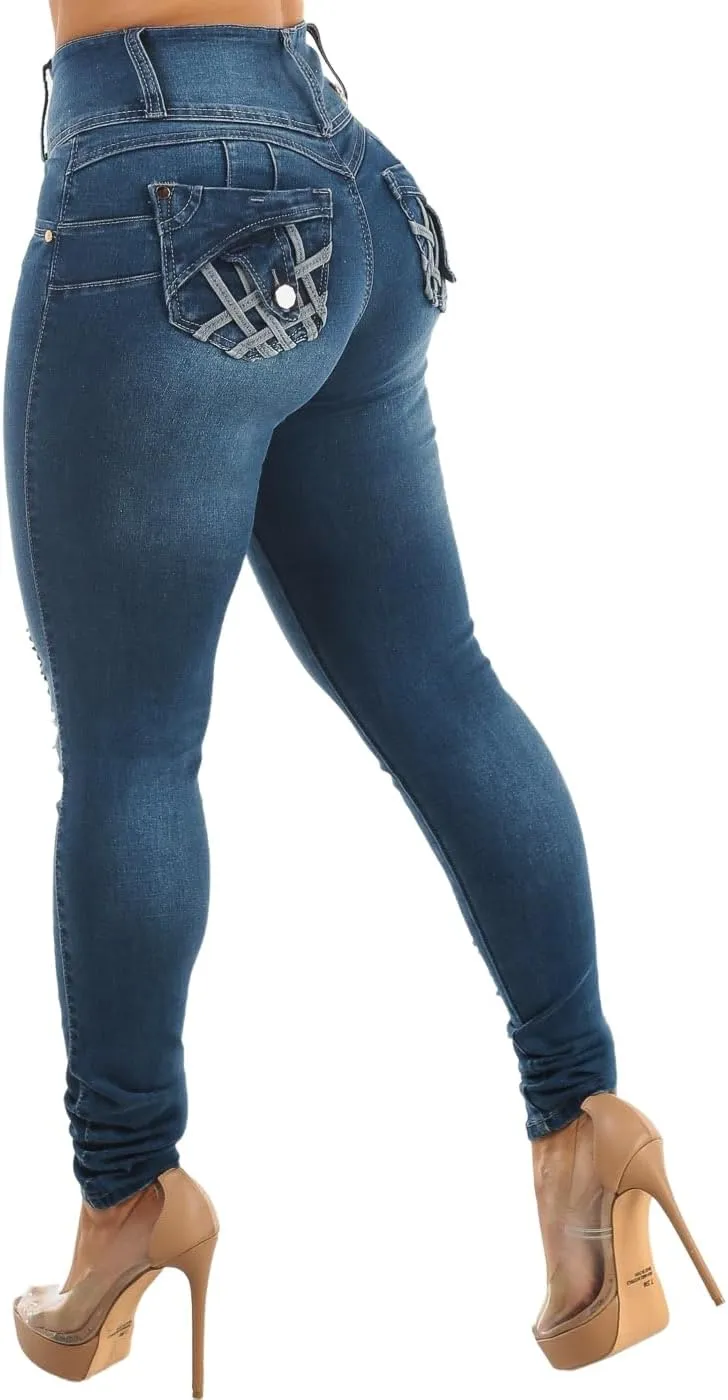 High Waisted Butt Lifting Skinny Jeans - Distressed Levanta Cola Stretchy Jeans