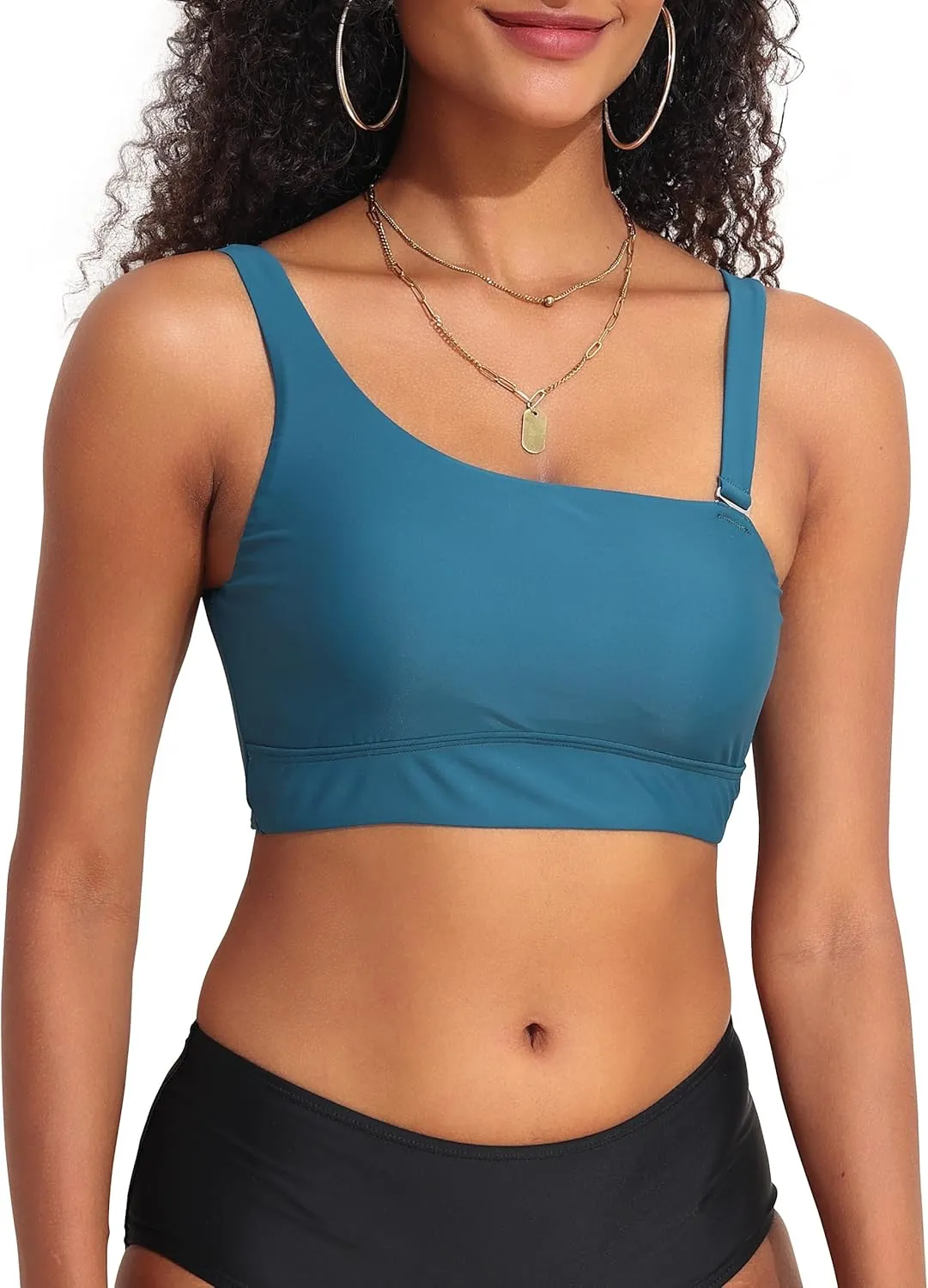 Hilor Women's Underwire Bikini Top One Shoulder Swimsuits Push Up Bathing Suit Top Cropped Tankini Tops Only