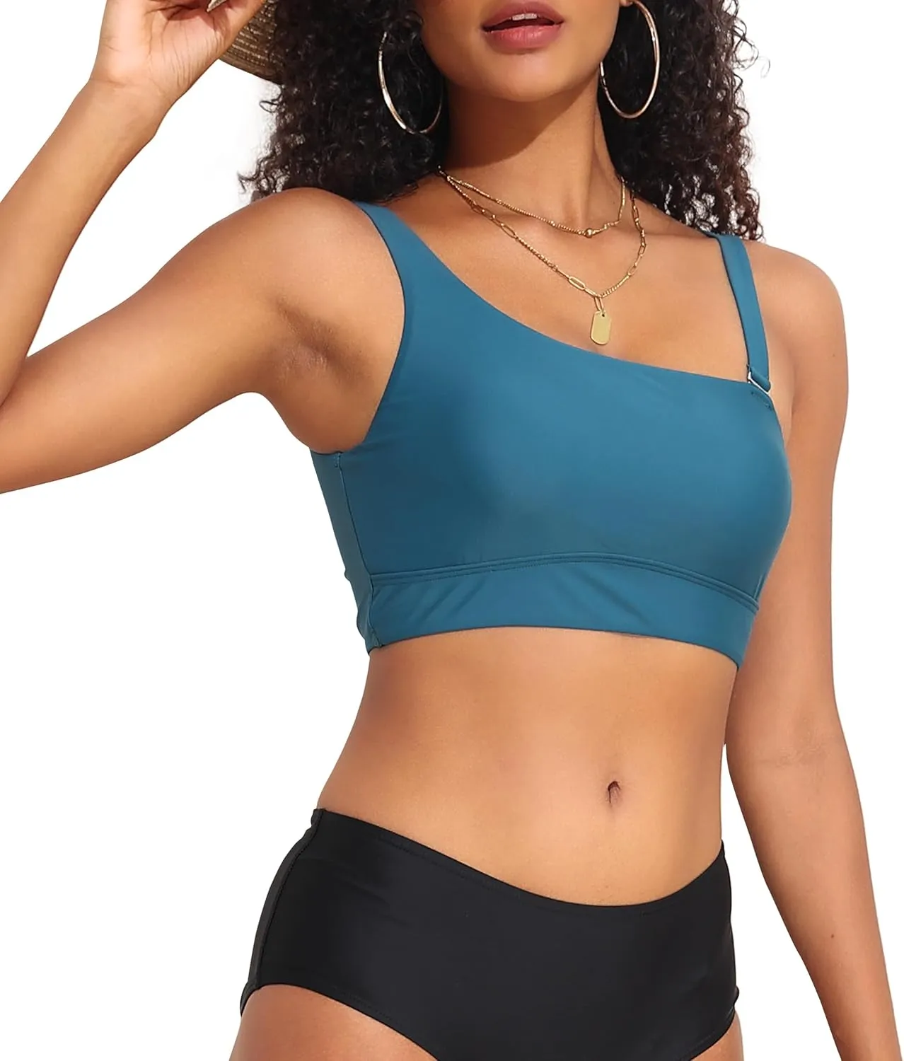 Hilor Women's Underwire Bikini Top One Shoulder Swimsuits Push Up Bathing Suit Top Cropped Tankini Tops Only