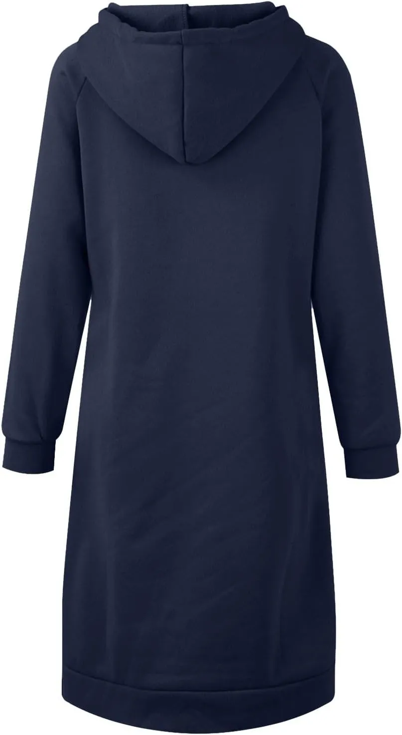 Hoodie Dress for Women Long Sleeve Warmy Oversized Hooded Dress Fleece Solid Color Long Sweatshirt with Pocket