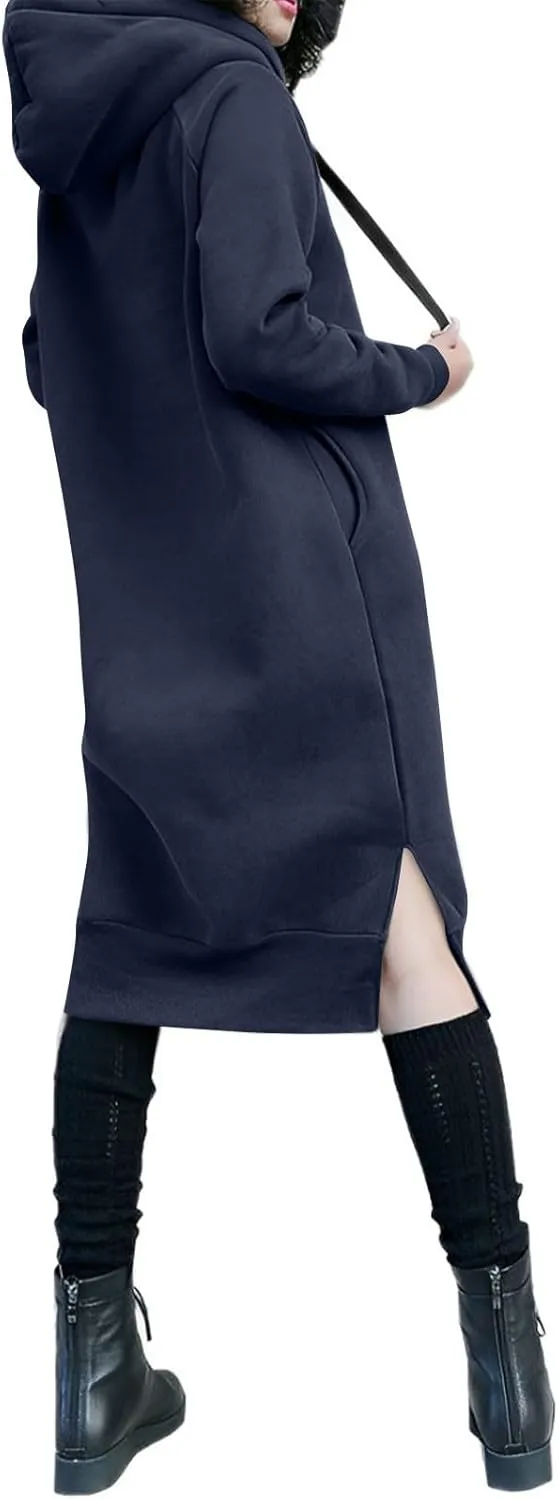 Hoodie Dress for Women Long Sleeve Warmy Oversized Hooded Dress Fleece Solid Color Long Sweatshirt with Pocket