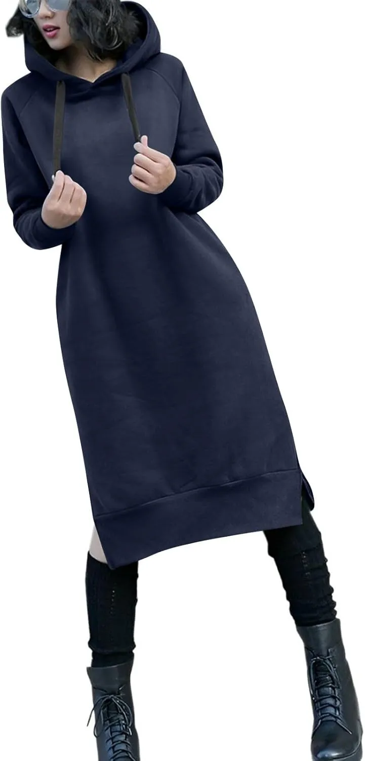 Hoodie Dress for Women Long Sleeve Warmy Oversized Hooded Dress Fleece Solid Color Long Sweatshirt with Pocket