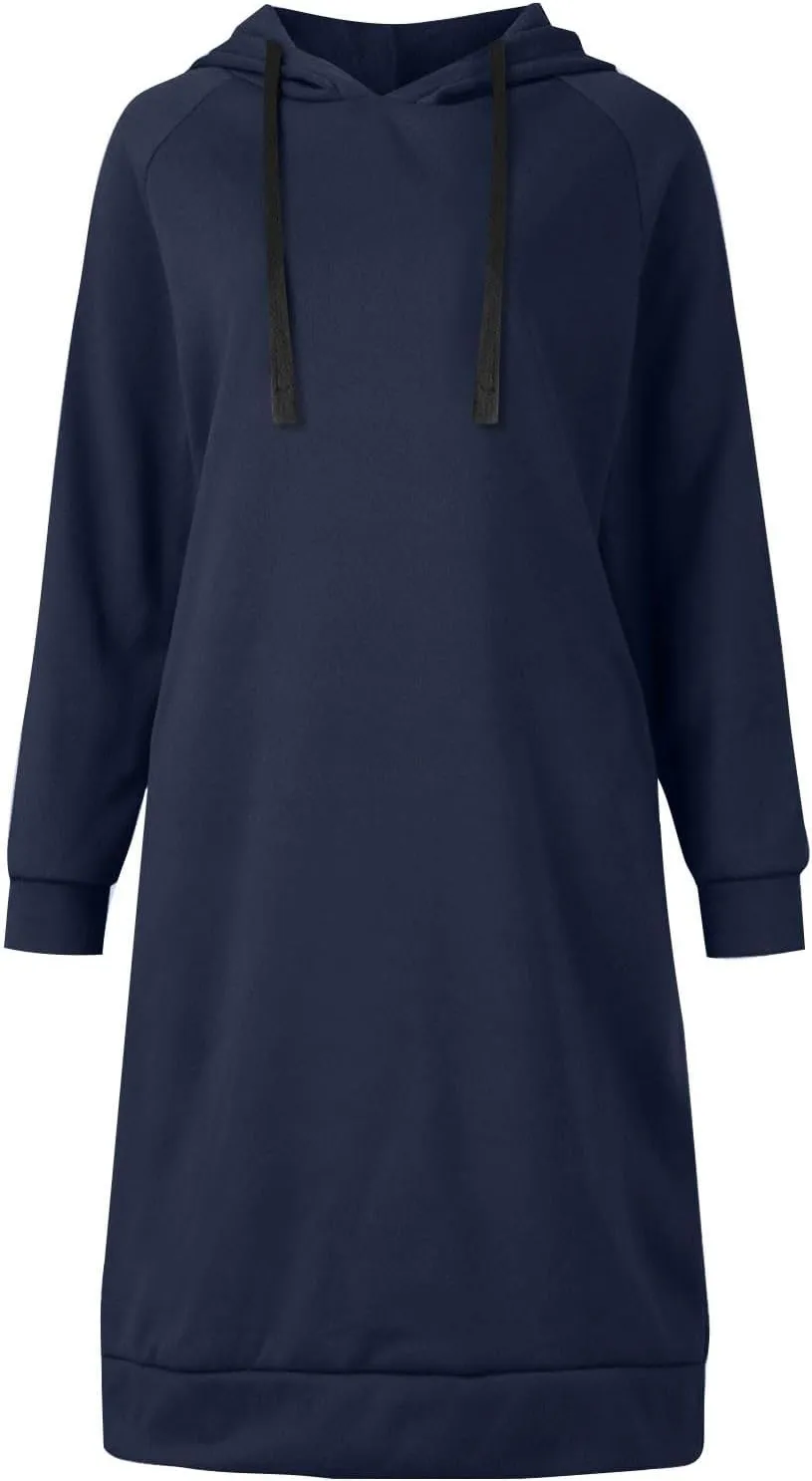 Hoodie Dress for Women Long Sleeve Warmy Oversized Hooded Dress Fleece Solid Color Long Sweatshirt with Pocket