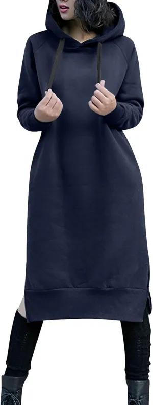 Hoodie Dress for Women Long Sleeve Warmy Oversized Hooded Dress Fleece Solid Color Long Sweatshirt with Pocket