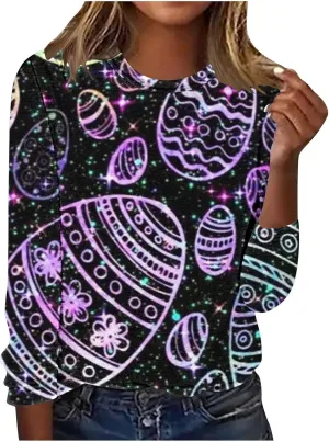 Hoodies For Women For Women Easter Eggs Graphic Loose Fit Crew Neck Sweat Shirts Festival Long Sleeve Tops with Pocket