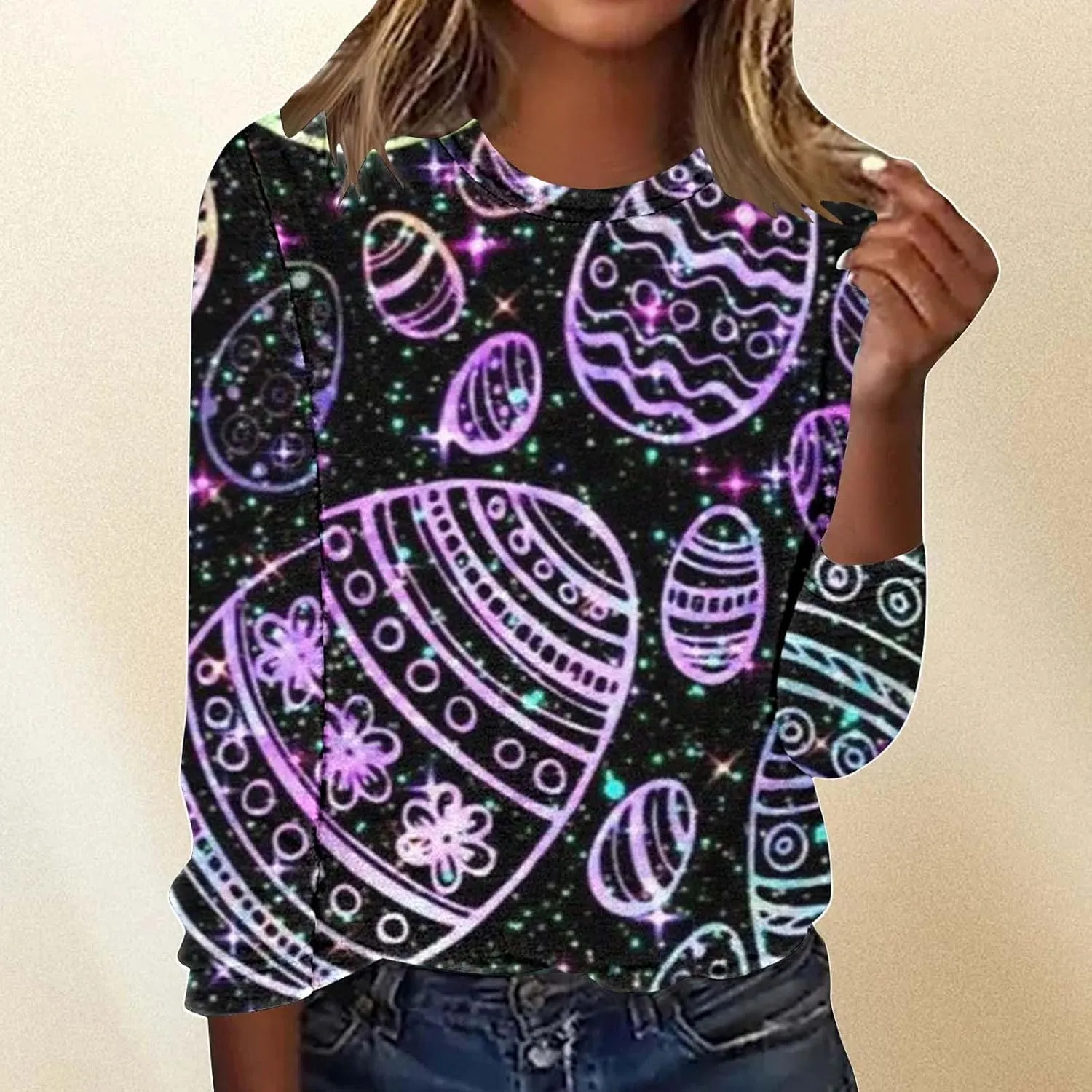 Hoodies For Women For Women Easter Eggs Graphic Loose Fit Crew Neck Sweat Shirts Festival Long Sleeve Tops with Pocket