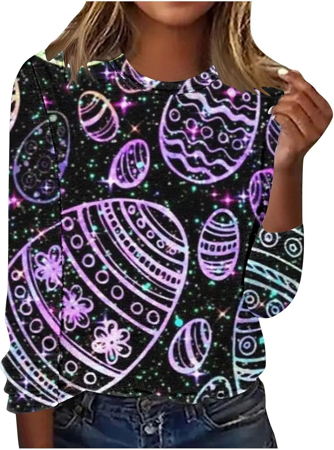 Hoodies For Women For Women Easter Eggs Graphic Loose Fit Crew Neck Sweat Shirts Festival Long Sleeve Tops with Pocket