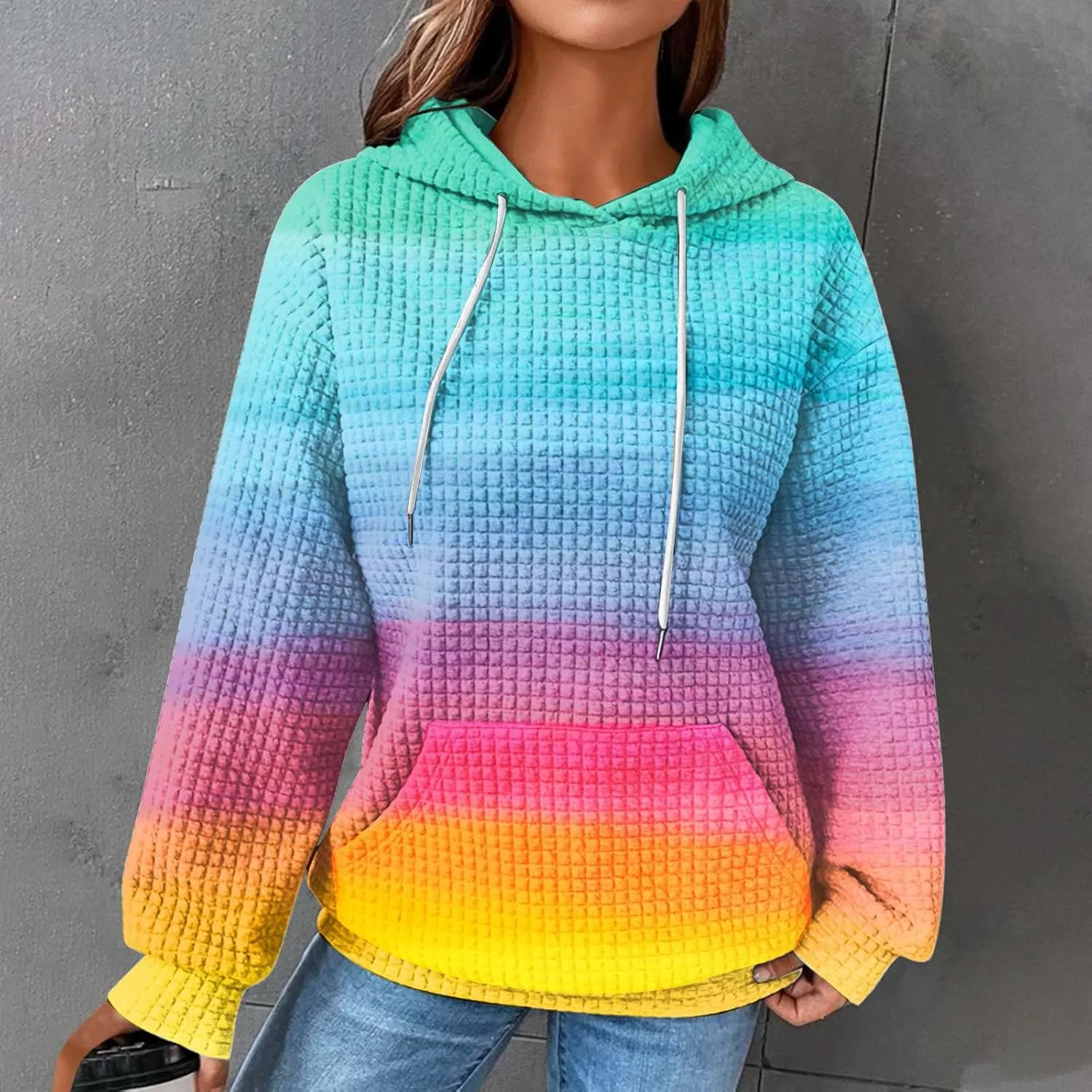 Hoodies for Women Waffle Knit Tops for Women Oversized Waffle Knit Shirt Hoodies for Women with Pocket Fall Sweatshirt 2024