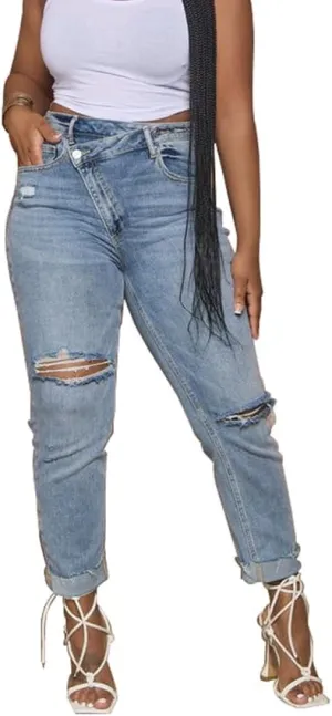 HTD Women's Boyfriend Jeans Ripped Skinny Jeans Distressed Stretchy Denim Pants