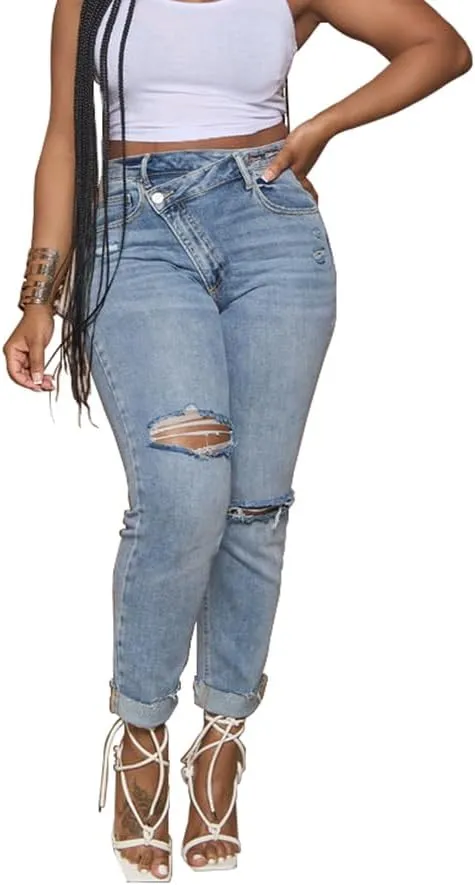HTD Women's Boyfriend Jeans Ripped Skinny Jeans Distressed Stretchy Denim Pants