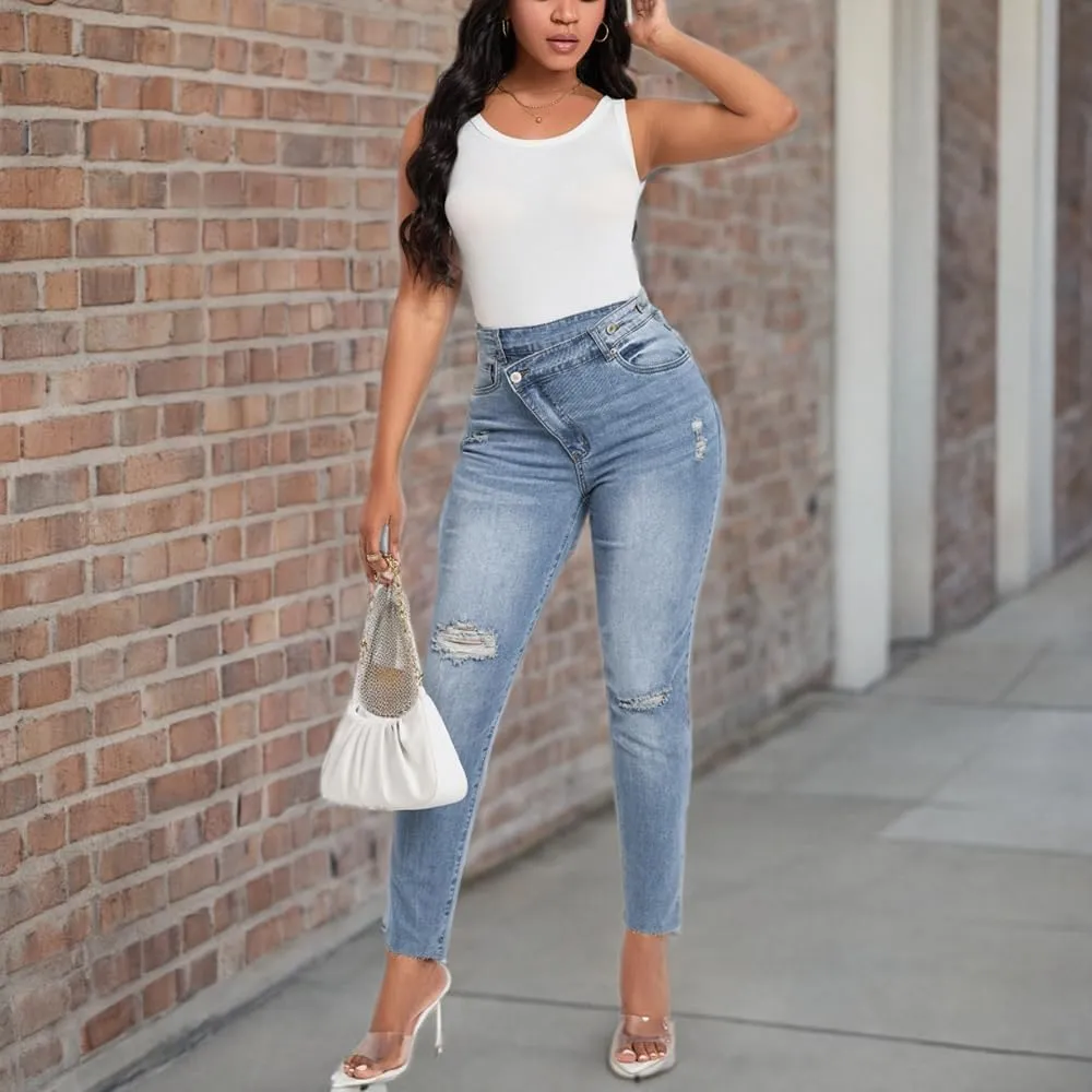 HTD Women's Boyfriend Jeans Ripped Skinny Jeans Distressed Stretchy Denim Pants