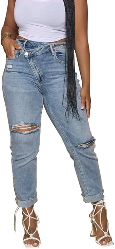 HTD Women's Boyfriend Jeans Ripped Skinny Jeans Distressed Stretchy Denim Pants