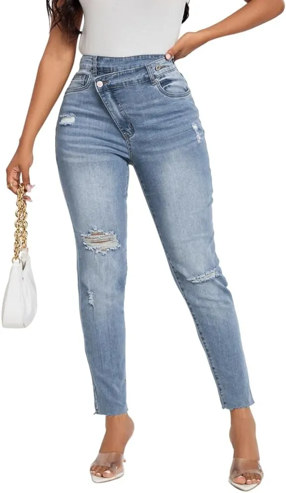 HTD Women's Boyfriend Jeans Ripped Skinny Jeans Distressed Stretchy Denim Pants