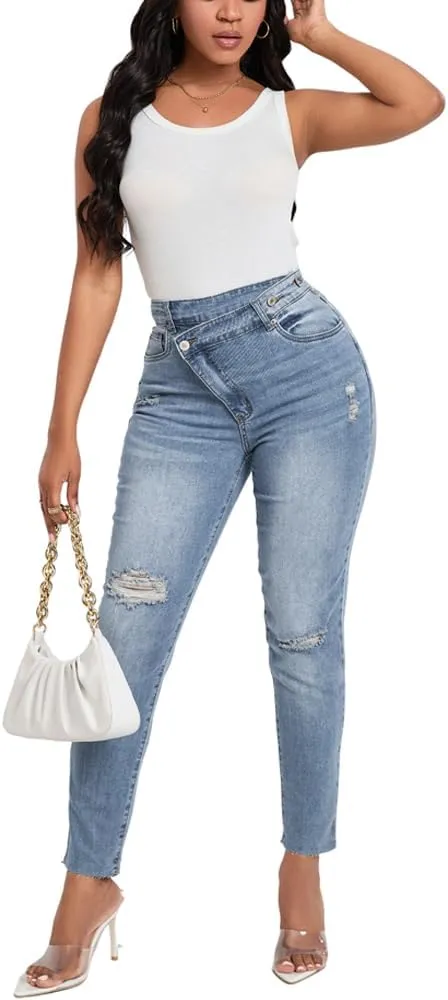 HTD Women's Boyfriend Jeans Ripped Skinny Jeans Distressed Stretchy Denim Pants