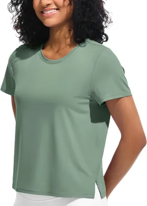 Ice Silk Women's Short Sleeve Workout Shirts Loose Fit Side Slits Athletic Tee Tops