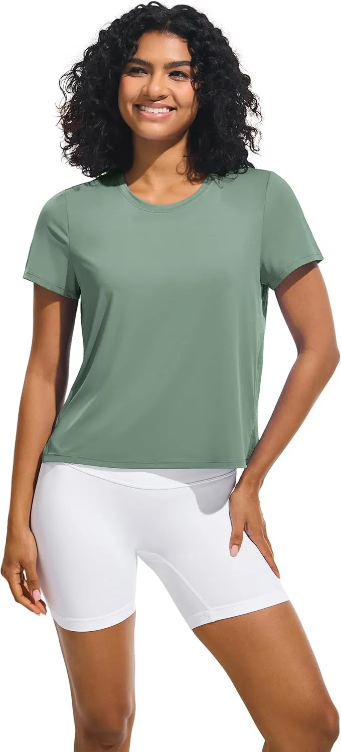Ice Silk Women's Short Sleeve Workout Shirts Loose Fit Side Slits Athletic Tee Tops