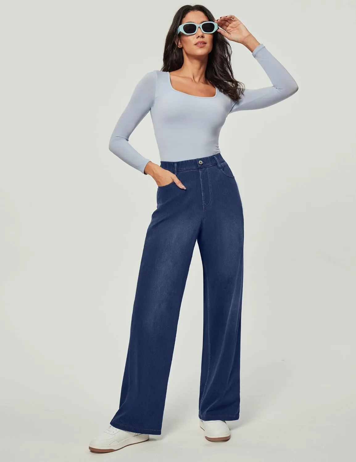 IUGA Wide Leg Jeans Woman Stretchy Pull On Baggy Jeans High Waisted Trendy Womens Jeans Straight Casual Denim Pants