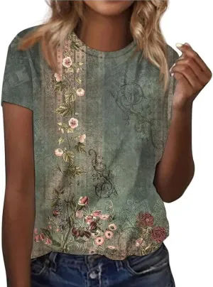 IWOLLENCE Women's Vintage Floral Crewneck Short Sleeve Tops Casual Summer Wildflower Plant Tee Shirts