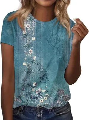 IWOLLENCE Women's Vintage Floral Crewneck Short Sleeve Tops Casual Summer Wildflower Plant Tee Shirts