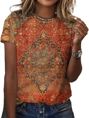 IWOLLENCE Women's Vintage Floral Crewneck Short Sleeve Tops Casual Summer Wildflower Plant Tee Shirts