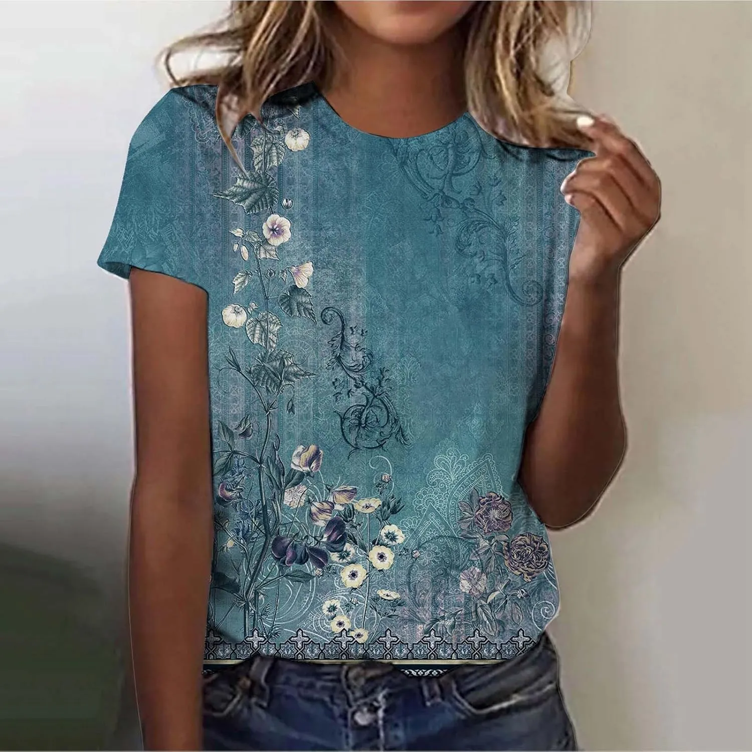 IWOLLENCE Women's Vintage Floral Crewneck Short Sleeve Tops Casual Summer Wildflower Plant Tee Shirts