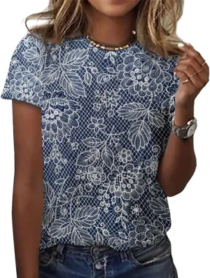 IWOLLENCE Women's Vintage Floral Crewneck Short Sleeve Tops Casual Summer Wildflower Plant Tee Shirts