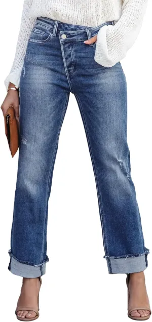 Jeans for Women Trendy High Waisted Corssover Boyfriend Jeans Distressed Stretchy Denim Pants