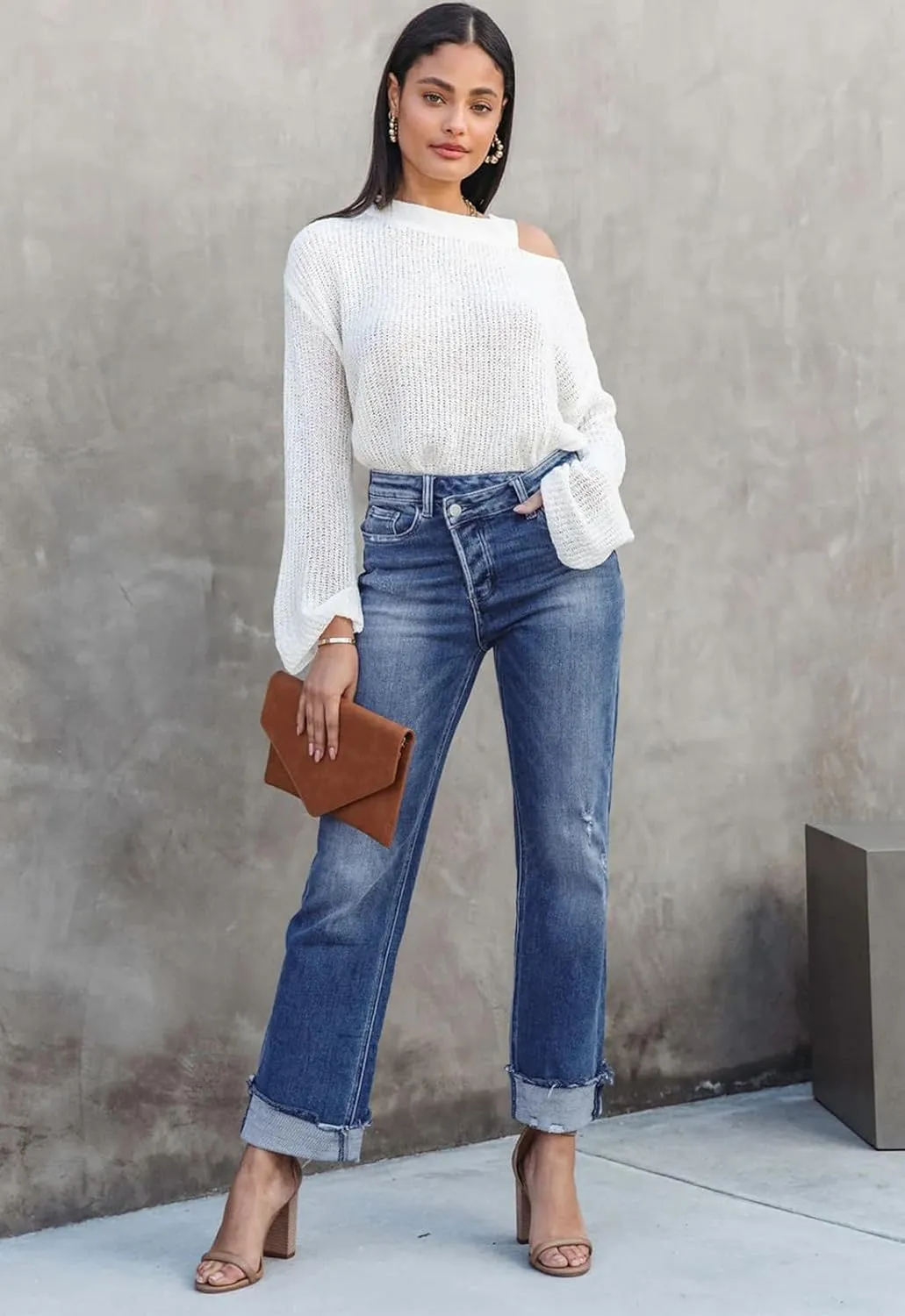 Jeans for Women Trendy High Waisted Corssover Boyfriend Jeans Distressed Stretchy Denim Pants
