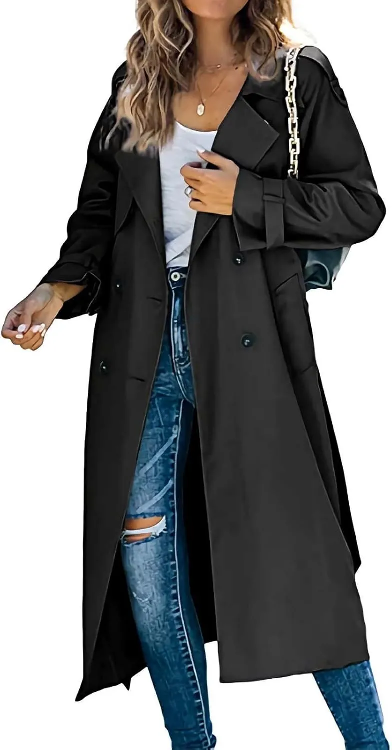 JEGULV Women Elegant Long Trench Coats Lightweight Open Front Solid Color Outwear Jackets Notched Lapel Collar Wool Pea Coats