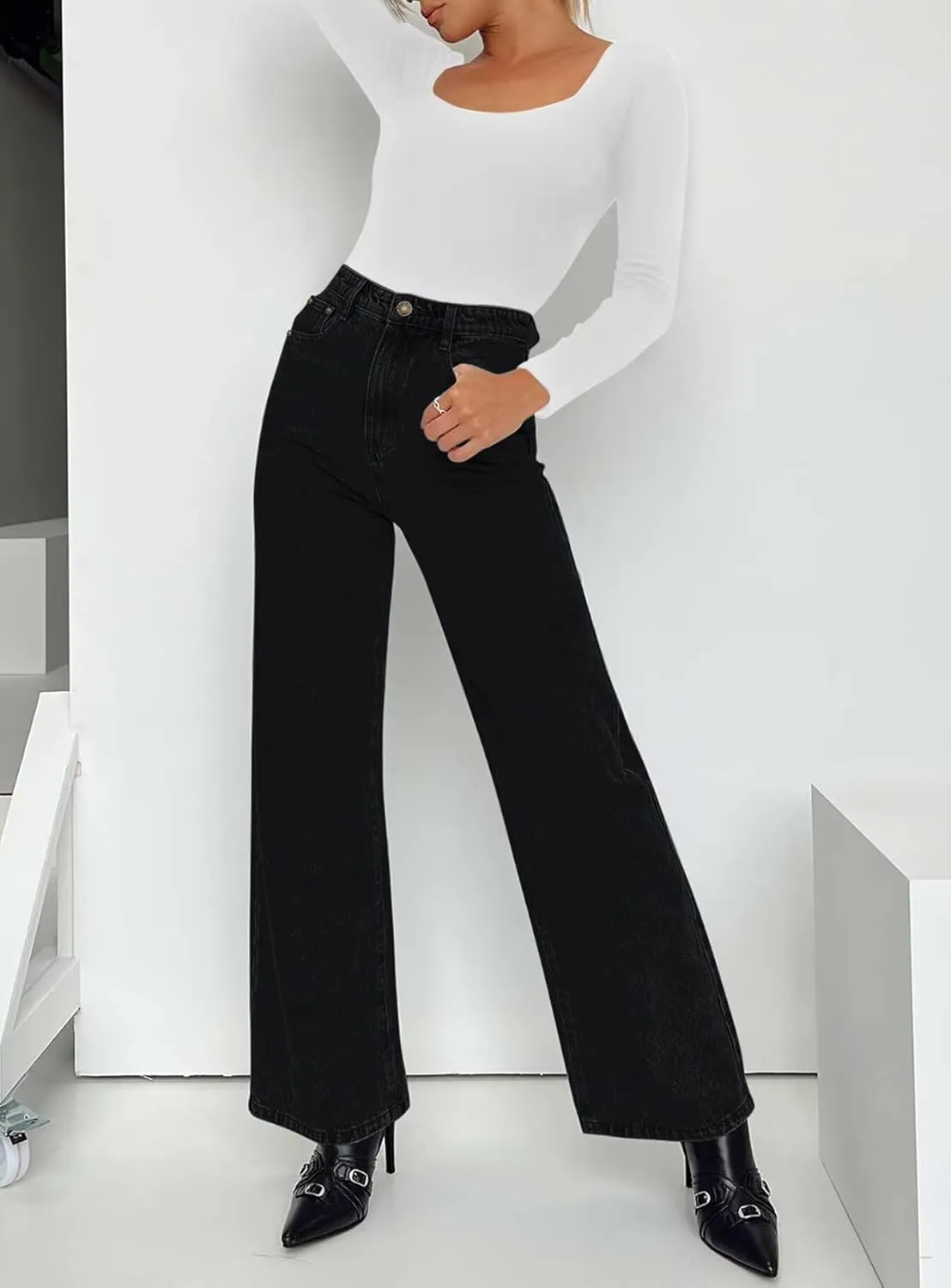 KDF Straight Leg Jeans for Women High Waisted Jeans Frayed Baggy Pants Raw Hem Loose Stretchy Cropped Wide Leg Jeans