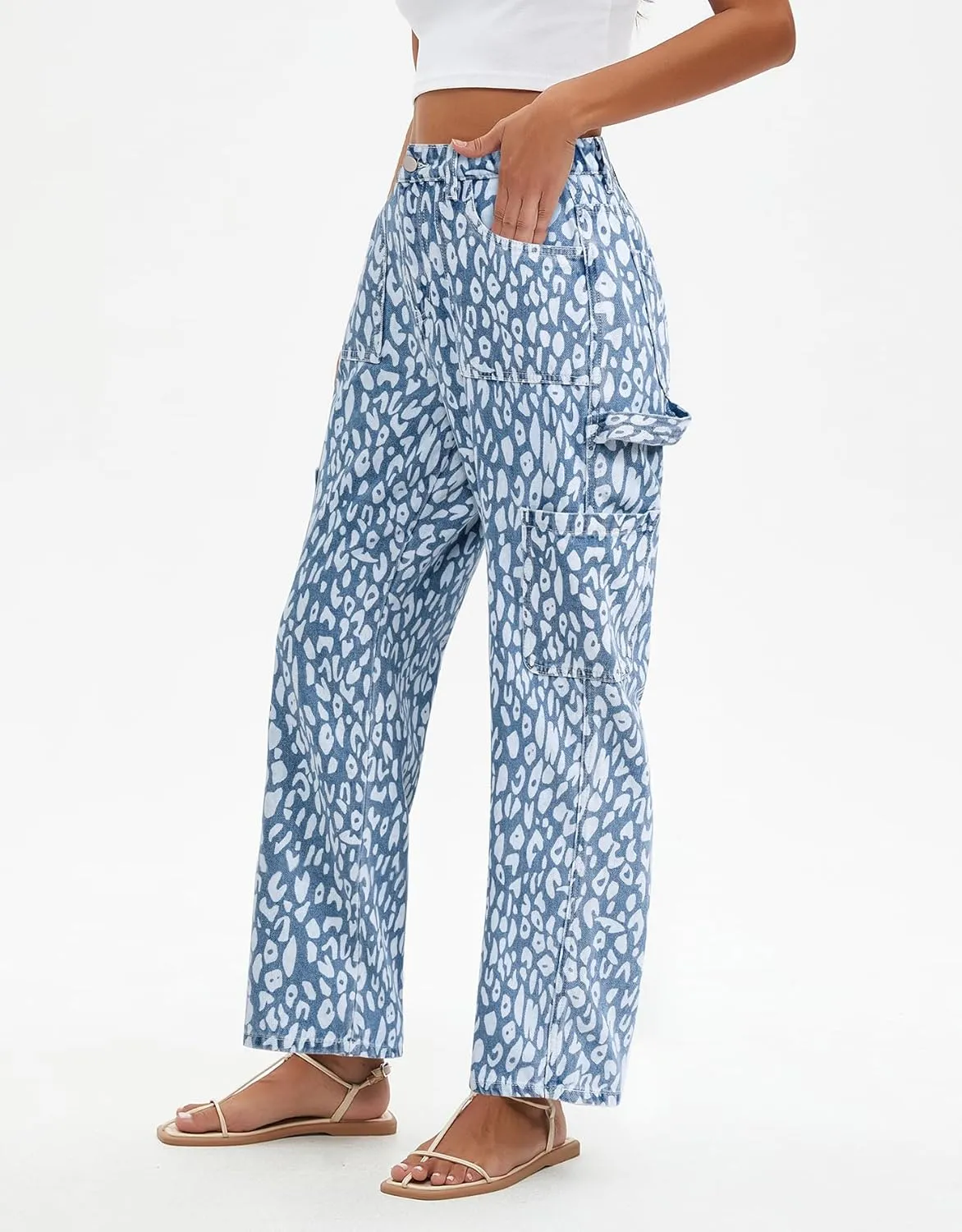 Kedera Leopard Carpenter Cargo Jeans Barrel Jeans for Women Wide Leg Denim Pants Y2k Baggy Boyfriend Jeans with Pockets