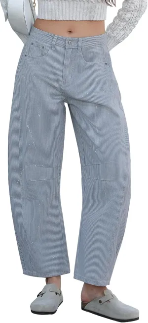 Kedera Women Stripe Barrel Jeans Casual Denim Jeans Loose Wide Leg Baggy Pants Mid Waist Boyfriend Jeans Y2k