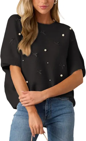 Kedera Womens Short Sleeve Bow Sweater Crewneck Cropped Pearl Top Bow Embellished Top Loose Pullover Thick Knitwear