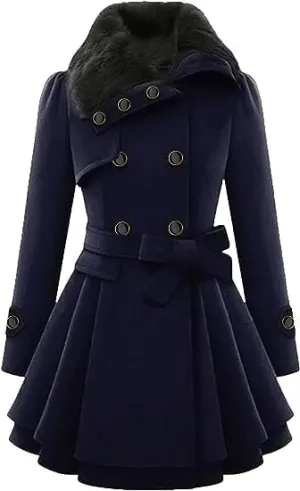 KELYWELL Womens Lapel Faux Fur Collar Jacket Double Breasted Wool Blend Trench Coat Long Trench Swing Coat with Belt