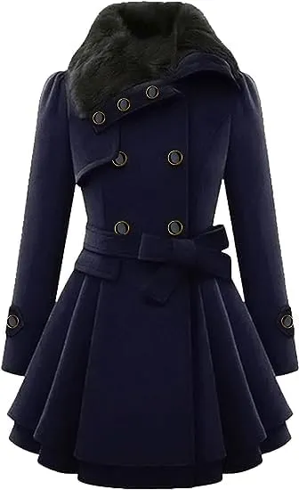 KELYWELL Womens Lapel Faux Fur Collar Jacket Double Breasted Wool Blend Trench Coat Long Trench Swing Coat with Belt