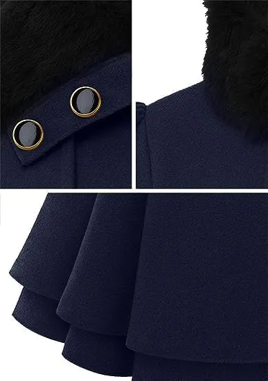 KELYWELL Womens Lapel Faux Fur Collar Jacket Double Breasted Wool Blend Trench Coat Long Trench Swing Coat with Belt