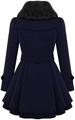 KELYWELL Womens Lapel Faux Fur Collar Jacket Double Breasted Wool Blend Trench Coat Long Trench Swing Coat with Belt