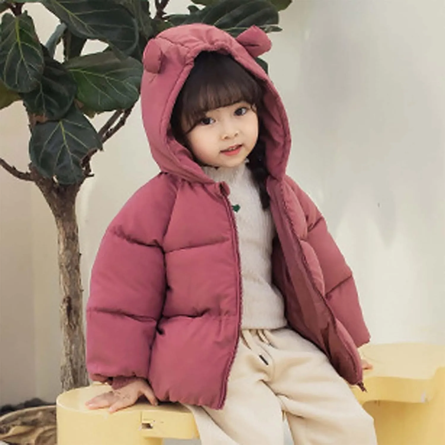 Kids Toddler Girls Boys Winter Warm Padded Thick Solid Cotton Long Sleeve Jacket Coat Ski Jacket with Bear Ear