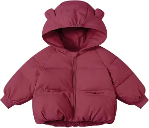 Kids Toddler Girls Boys Winter Warm Padded Thick Solid Cotton Long Sleeve Jacket Coat Ski Jacket with Bear Ear