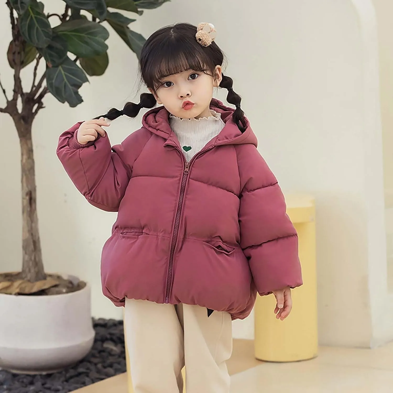 Kids Toddler Girls Boys Winter Warm Padded Thick Solid Cotton Long Sleeve Jacket Coat Ski Jacket with Bear Ear