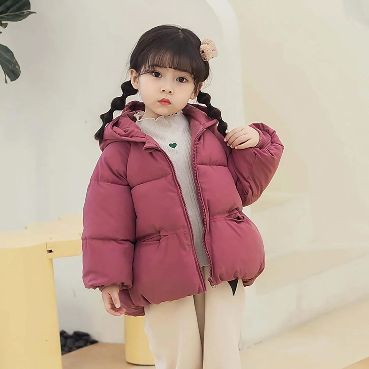 Kids Toddler Girls Boys Winter Warm Padded Thick Solid Cotton Long Sleeve Jacket Coat Ski Jacket with Bear Ear