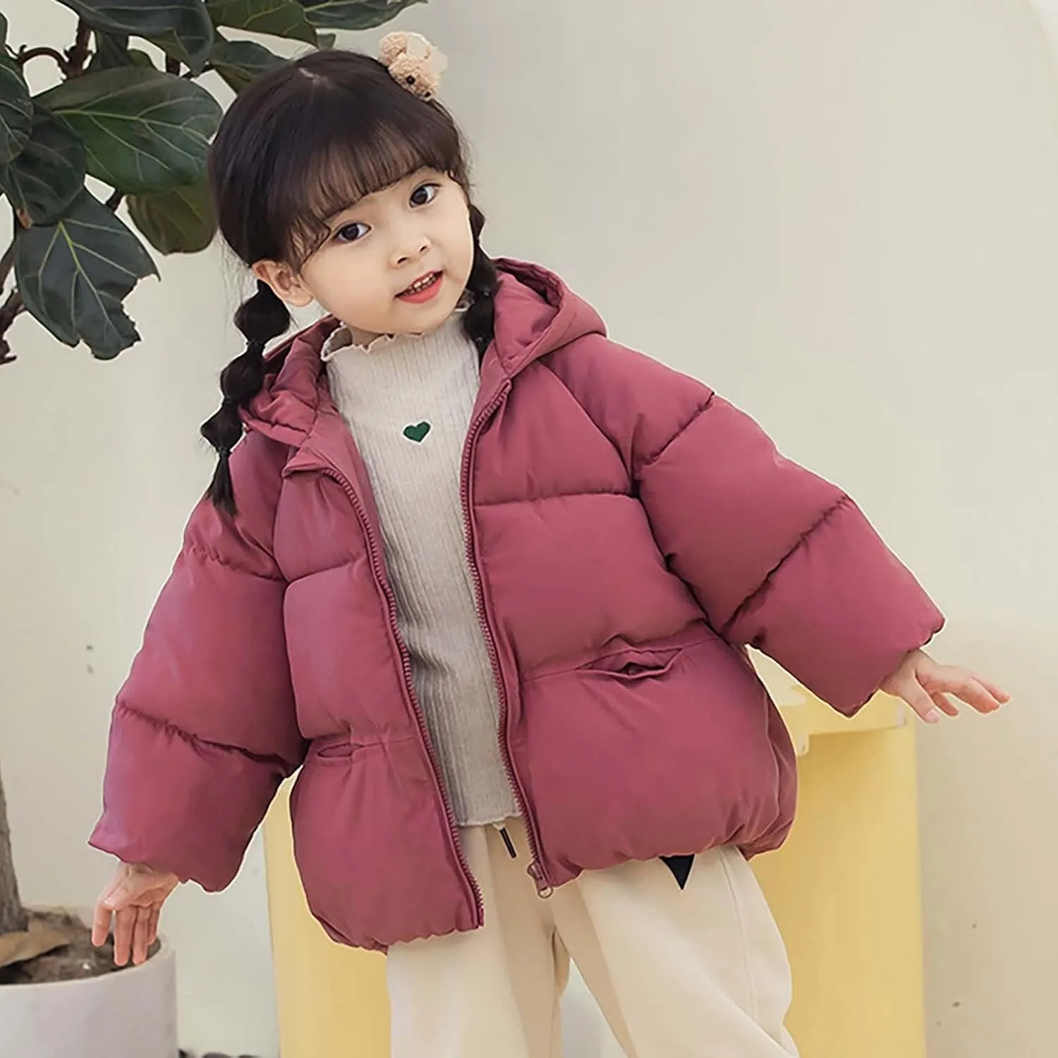 Kids Toddler Girls Boys Winter Warm Padded Thick Solid Cotton Long Sleeve Jacket Coat Ski Jacket with Bear Ear