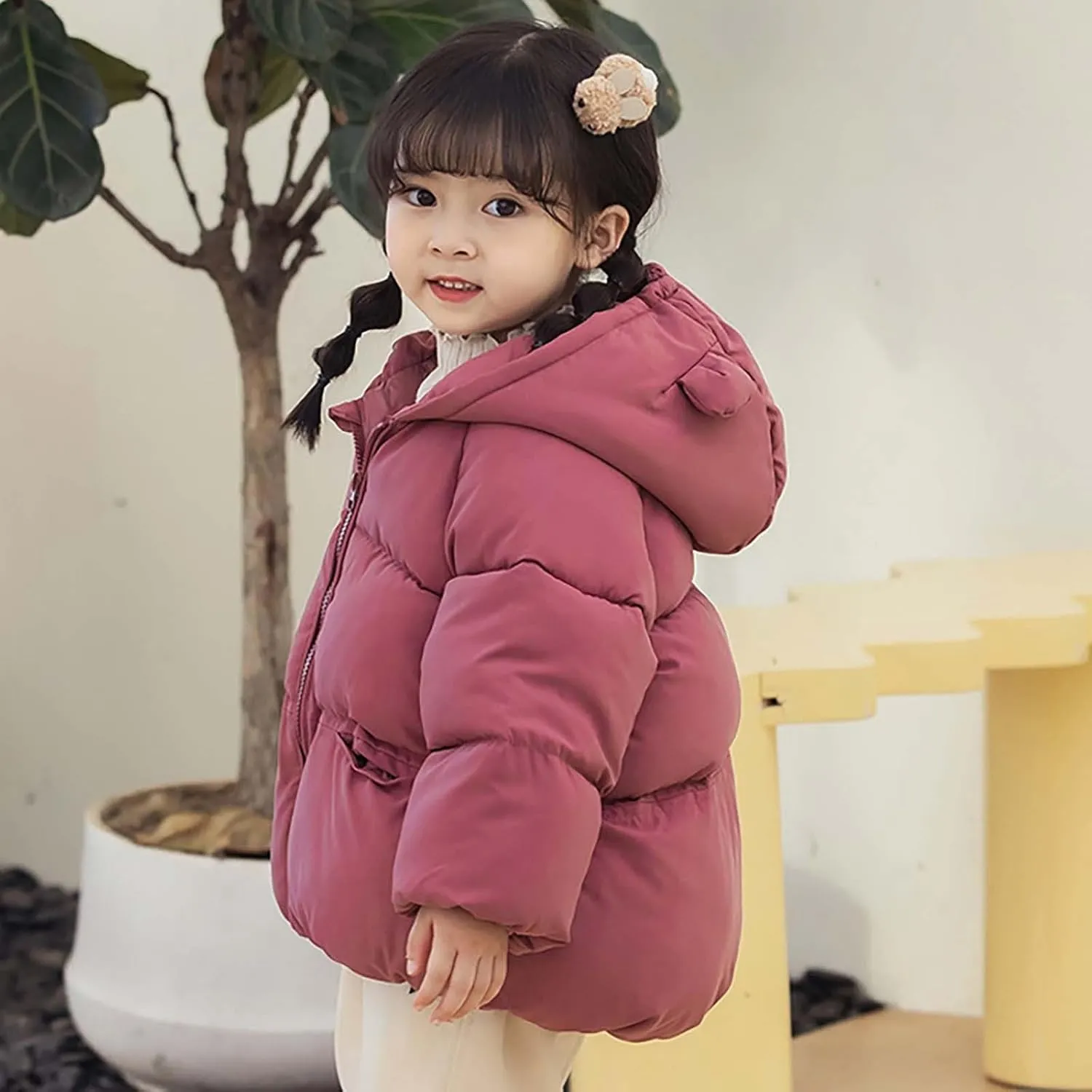 Kids Toddler Girls Boys Winter Warm Padded Thick Solid Cotton Long Sleeve Jacket Coat Ski Jacket with Bear Ear