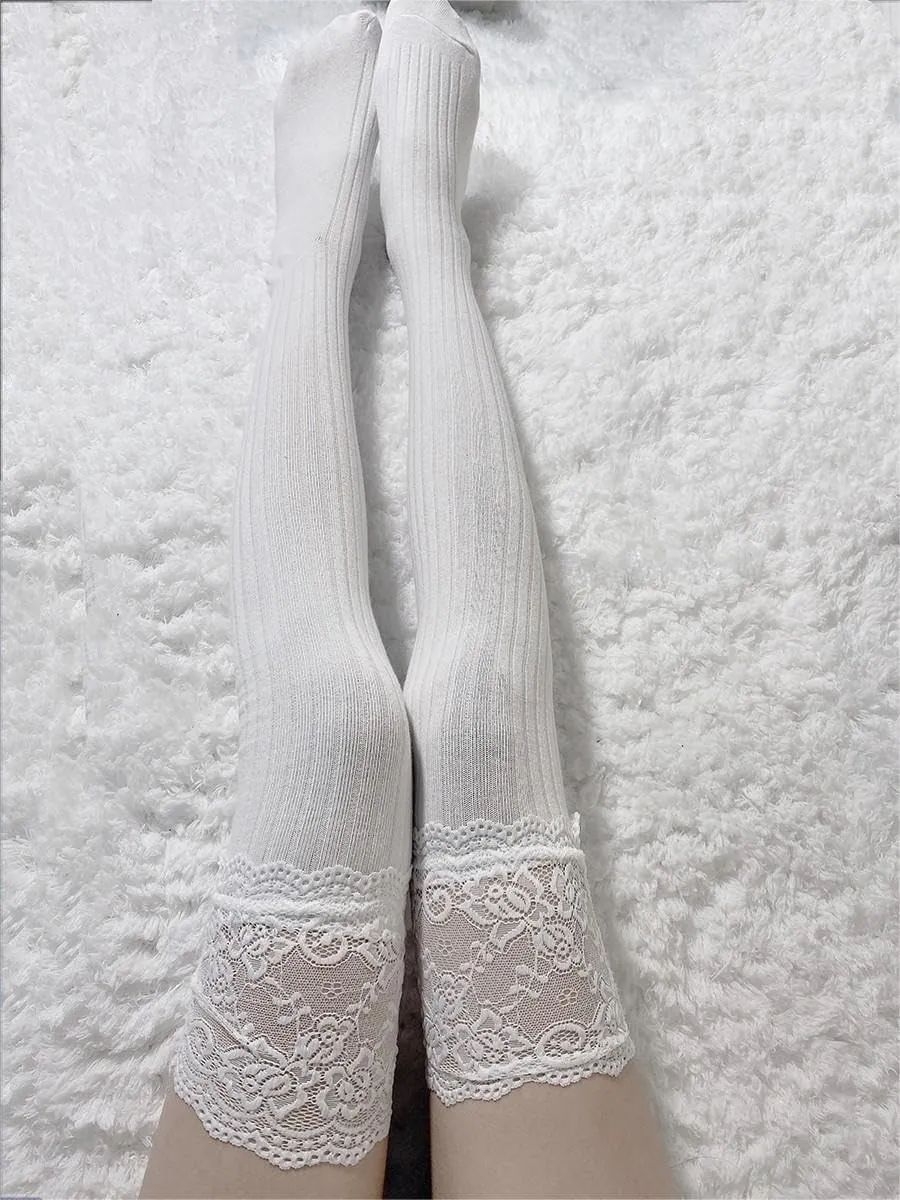 Large Lace Knee High Socks High Thigh Socks Lace Top Cotton Long Stockings Over the Knee Leggings