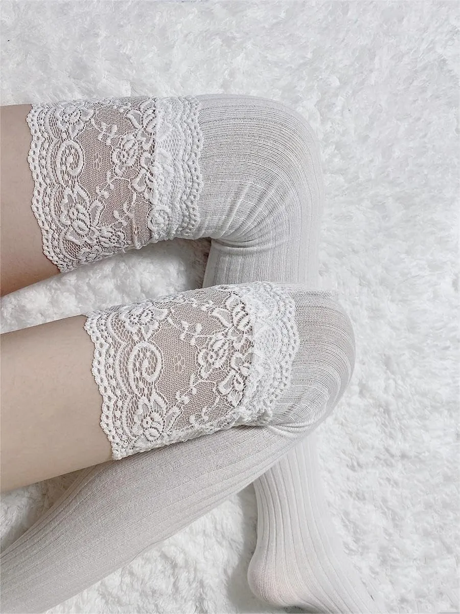 Large Lace Knee High Socks High Thigh Socks Lace Top Cotton Long Stockings Over the Knee Leggings