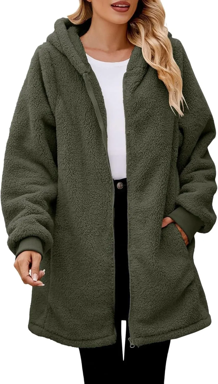 LCMTWX Womens Winter Fuzzy Fleece Jacket Outdoor Slim Outwear Office Casual Plush Cardigan Trendy Overcoat Hooded Coats