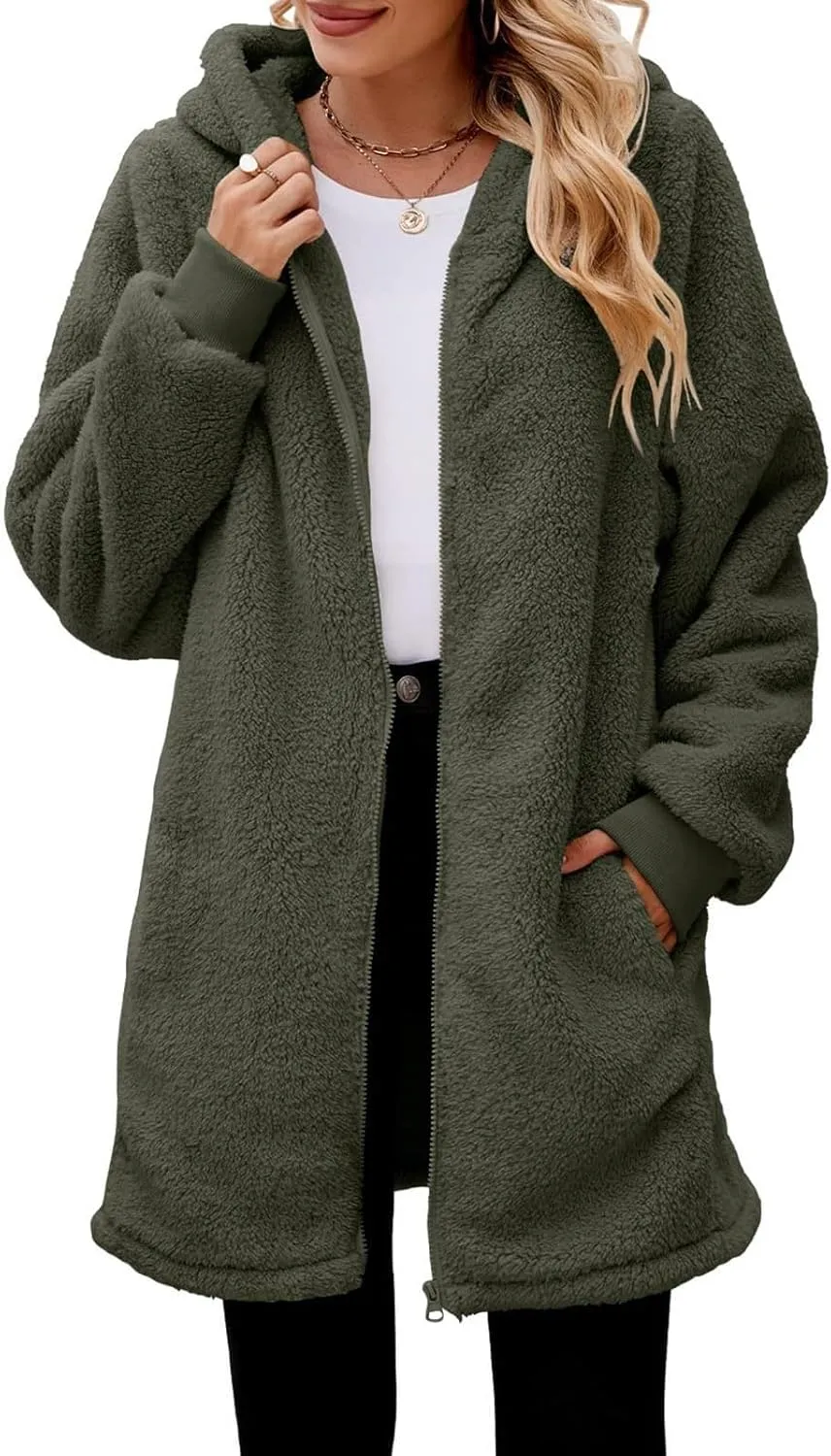 LCMTWX Womens Winter Fuzzy Fleece Jacket Outdoor Slim Outwear Office Casual Plush Cardigan Trendy Overcoat Hooded Coats